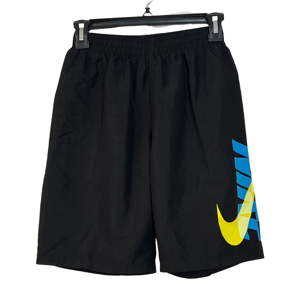 Nike Boys XL Black Swim Trunks Blue Yellow Graphic Logo Mesh Lined Summer